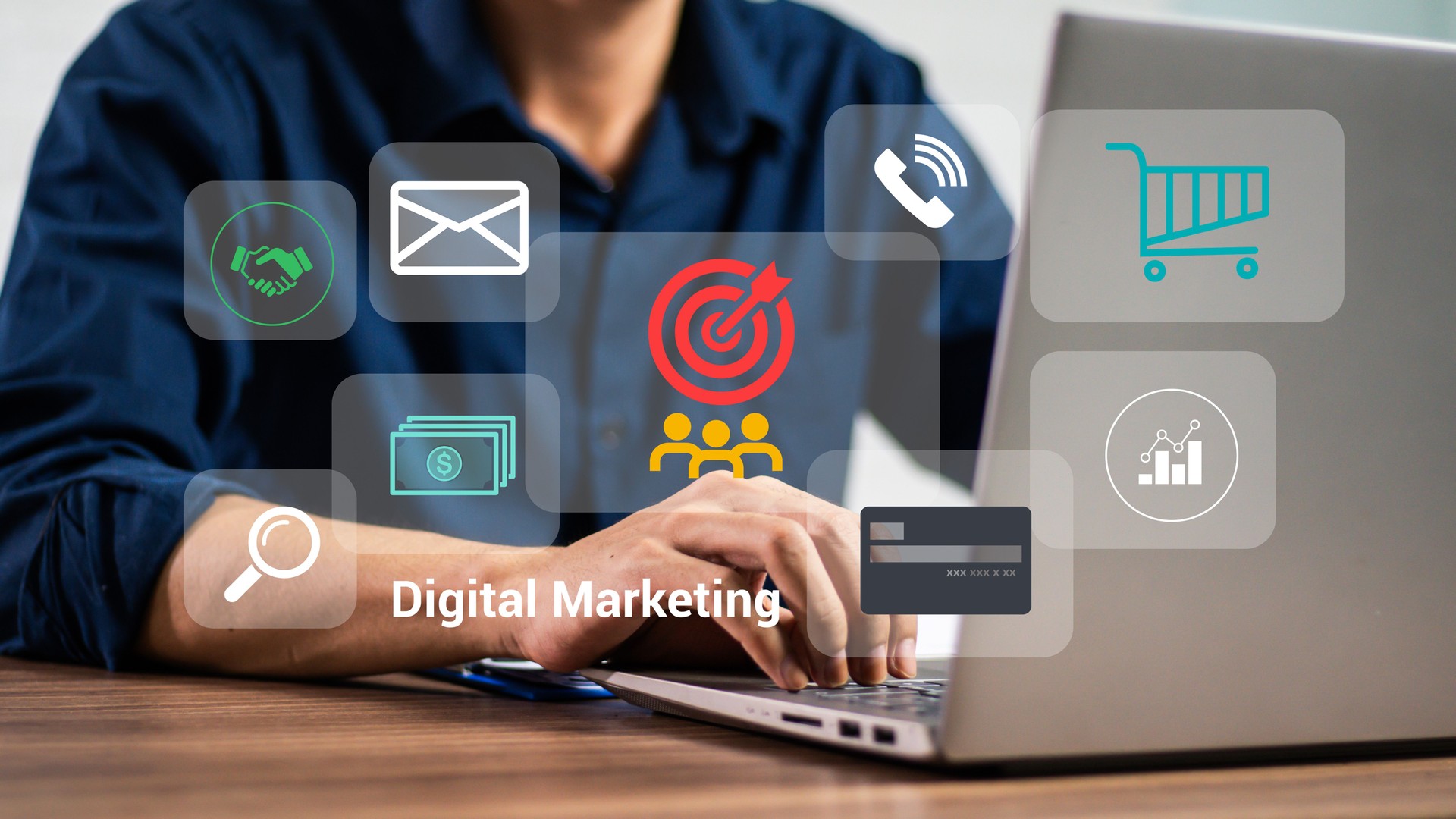 Digital marketing media (website ad, email, social network, SEO, video, mobile app) in virtual globe shape diagram.Waves of blue light and businessman using on smartphone as concept
